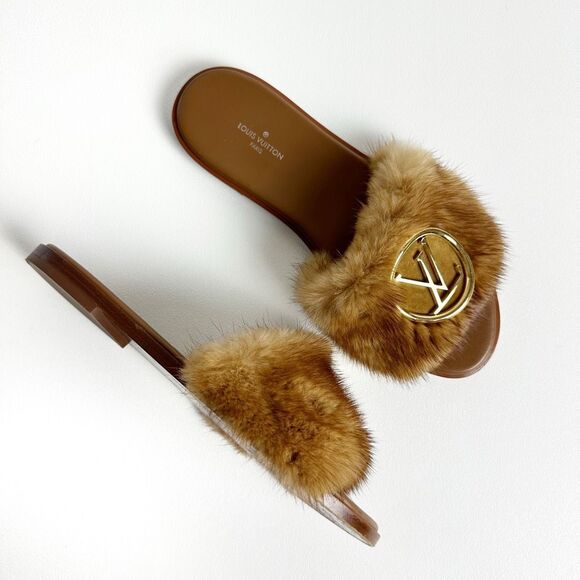 LOUIS VUITTON Lock It Mink Fur Brown Slide Sandal 37 US 7 Mules Logo Flat Mule - Picture 2 of 14
